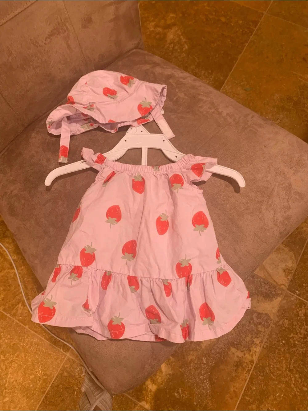 Strawberry Print Newborn Dress with matching Hatans Rec Cardigan
